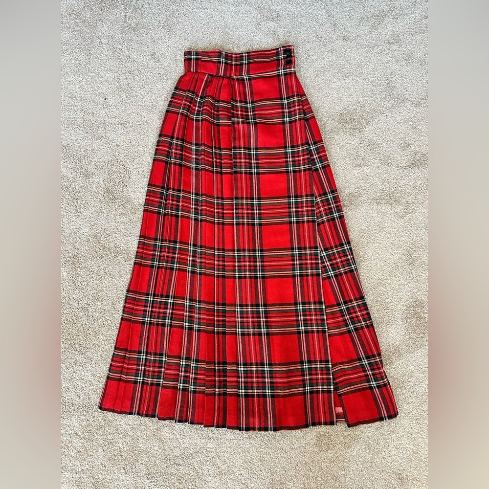 Anne Klein Vintage 70s Red Tartan Plaid Wool Pleated Maxi Skirt Size 4/26